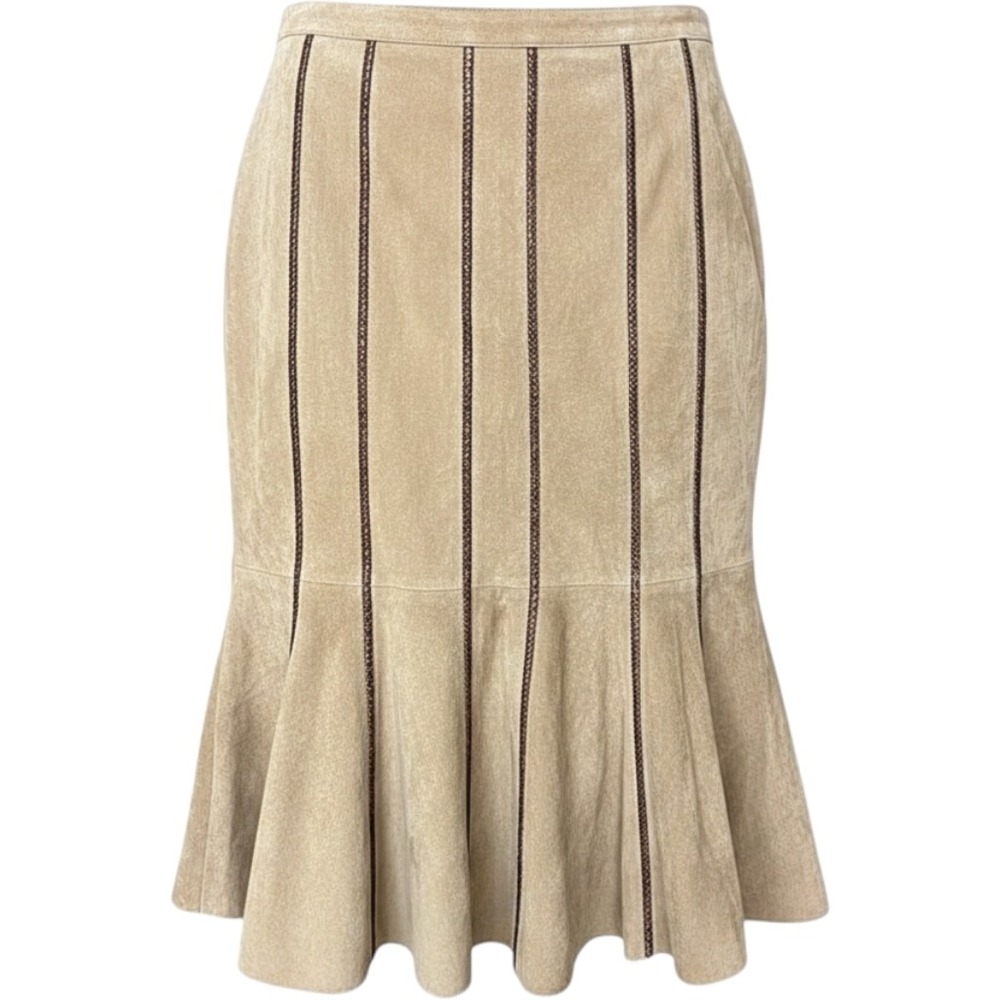 Worth New York Tan Suede Leather Paneled Midi Skirt Snake Trim Size 0